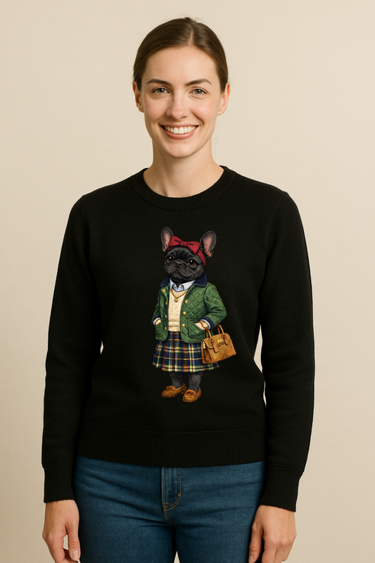 Preppy Black French Bulldog Women’s Crewneck Sweater