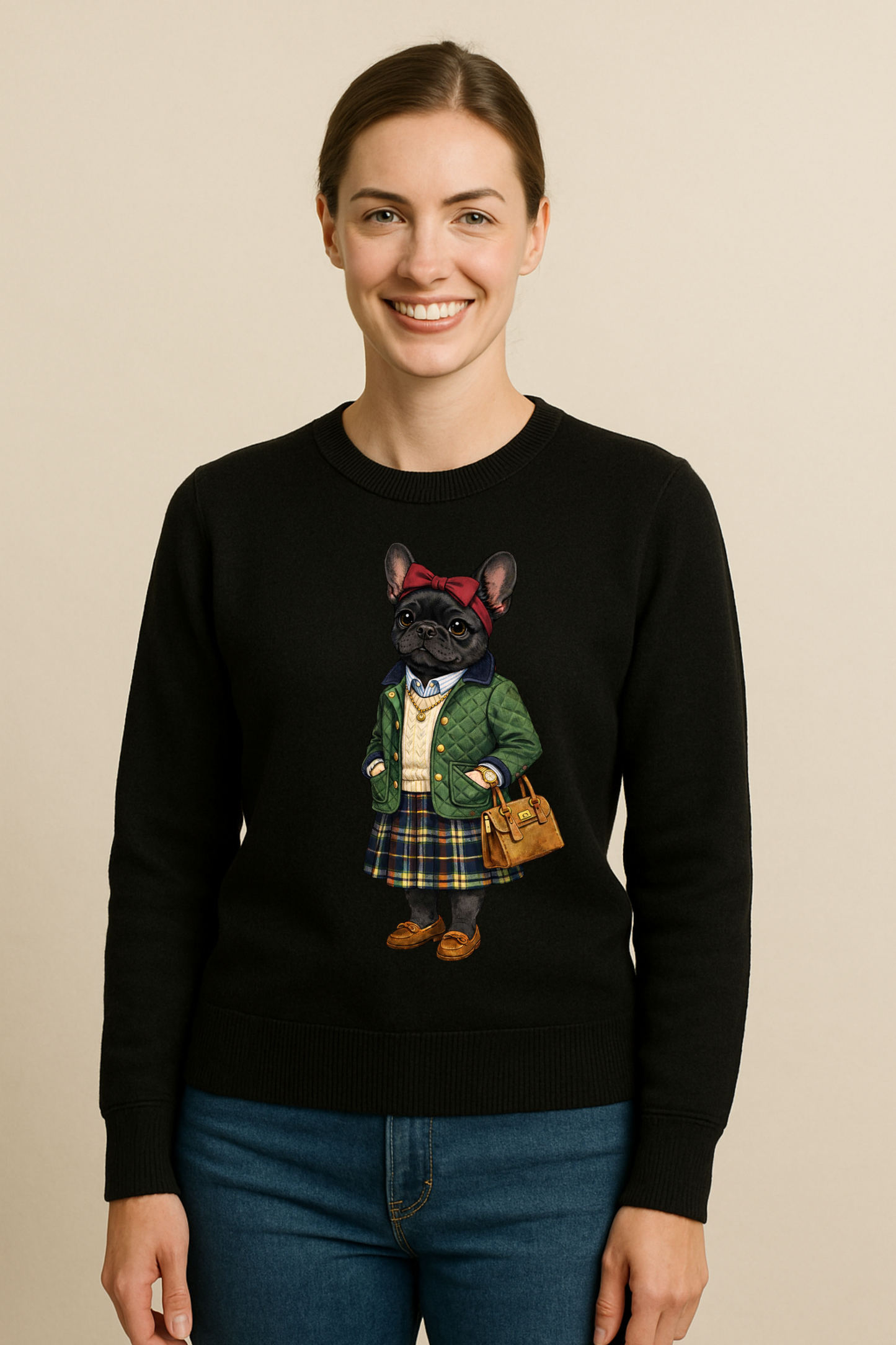 Preppy Black French Bulldog Women’s Crewneck Sweater
